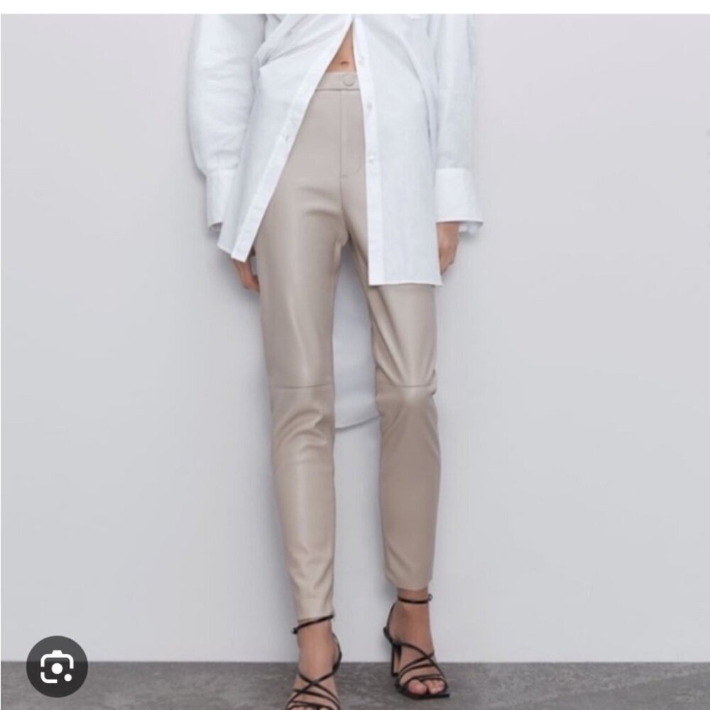 Zara Cream High-Waisted Faux Leather Skinny Pants